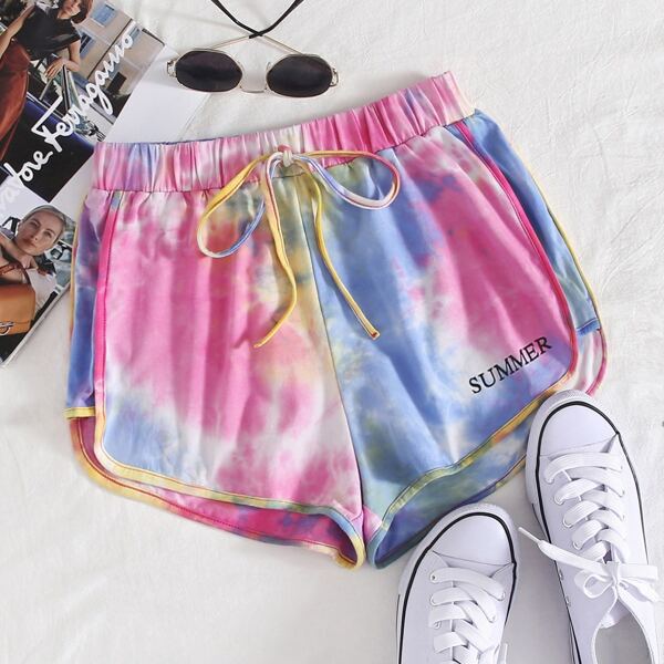 

Contrast Binding Letter Graphic Tie Dye Track Shorts, Multicolor