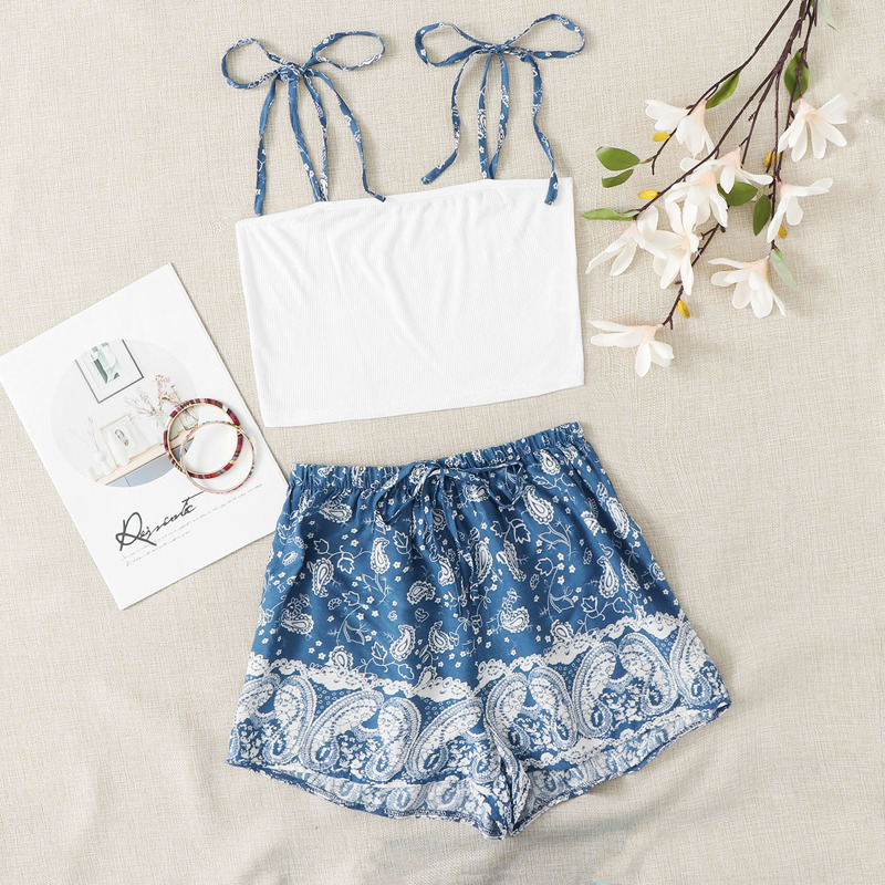 

Tie Strap Cami & Paisley Shorts PJ Set, Blue and white