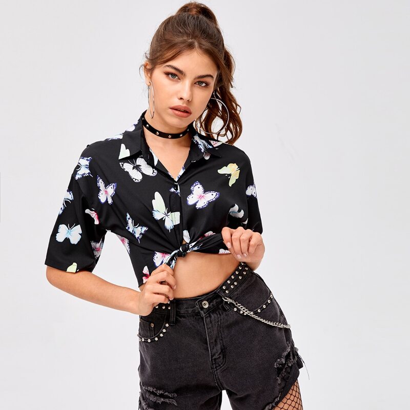 

Boxy Butterfly Print Shirt, Black