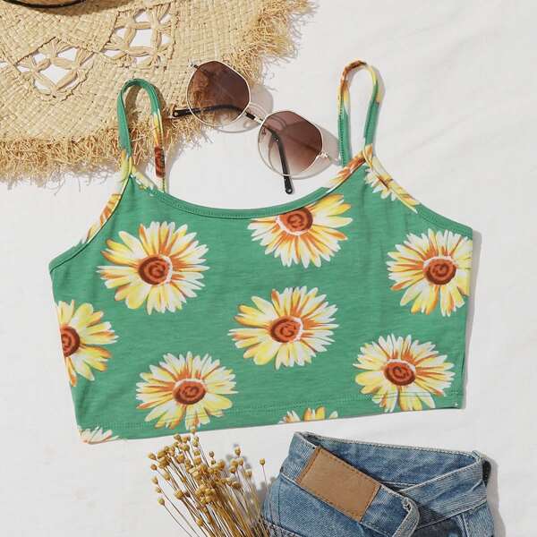 

Sunflower Print Crop Cami Top, Green