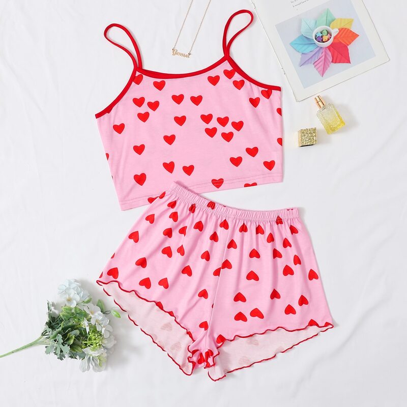 

Lettuce Trim Heart Print Cami PJ Set, Pink