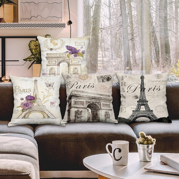 

1pc Landmark Print Cushion Cover Without Filler, Multicolor