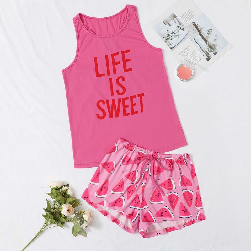 

Slogan & Watermelon Shorts PJ Set, Pink