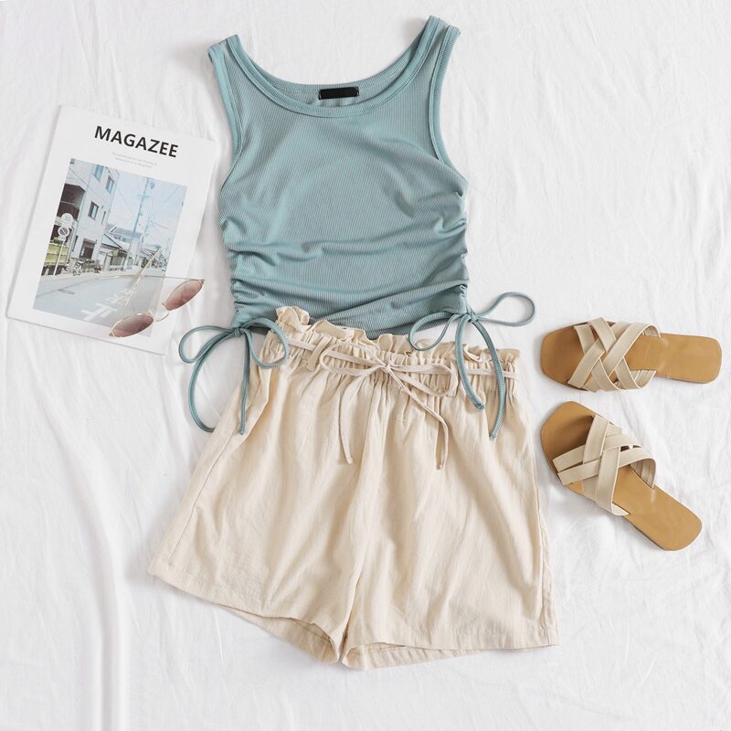 

Ribbed Self-Tie Tank Top & Paperbag Shorts Set, Multicolor