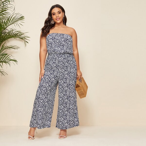 

Plus Ditsy Floral Wide-Leg Tube Jumpsuit, Multicolor