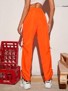 SHEIN Neon Orange Drawstring Side Stacked Windbreaker Trousers - Orange - View 2