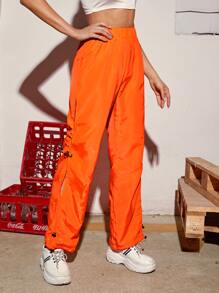 SHEIN Neon Orange Drawstring Side Stacked Windbreaker Trousers - Orange - View 3