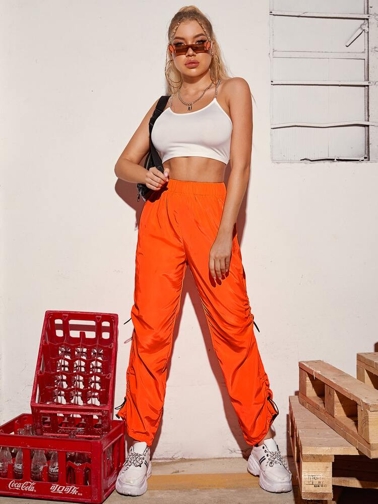 SHEIN Pantalones rompevientos neón naranja con cordón lateral fruncido - Naranja - Añade 4