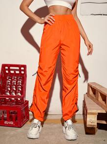 SHEIN Neon Orange Drawstring Side Stacked Windbreaker Trousers - Orange - View 5