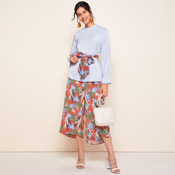 

Stand Collar Belted Top With Plant Print Pants, Multicolor
