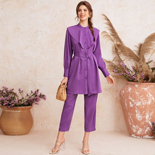 

Button Up Belted Blouse & Cropped Pants, Purple