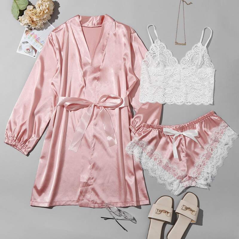 

3pack Contrast Lace Satin Lingerie Set With Belted Robe, Baby pink