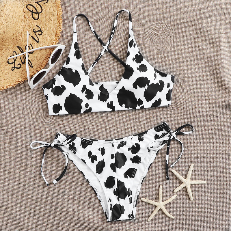 

Cow Print Tie Side Bikini Swimsuit, Black and white