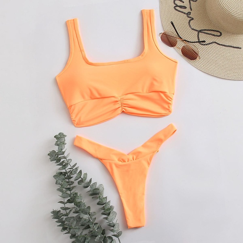 

Solid Ruched High Cut Bikini Swimsuit, Orange neon