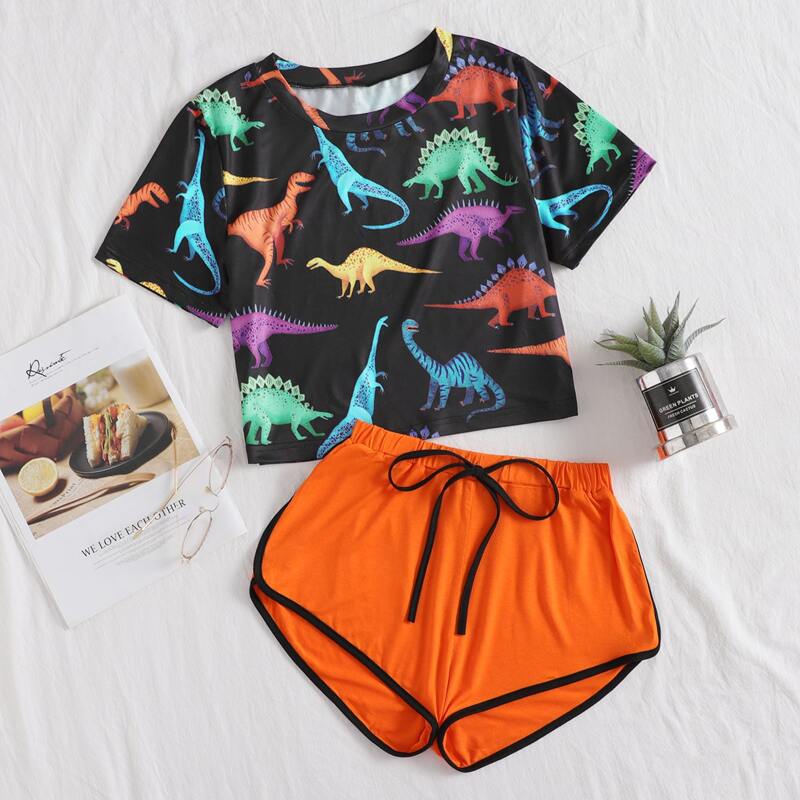 

Dinosaur Print Shorts PJ Set, Multicolor