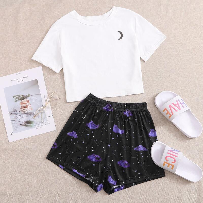

Reflective Moon Tee & Galaxy Shorts PJ Set, Black and white