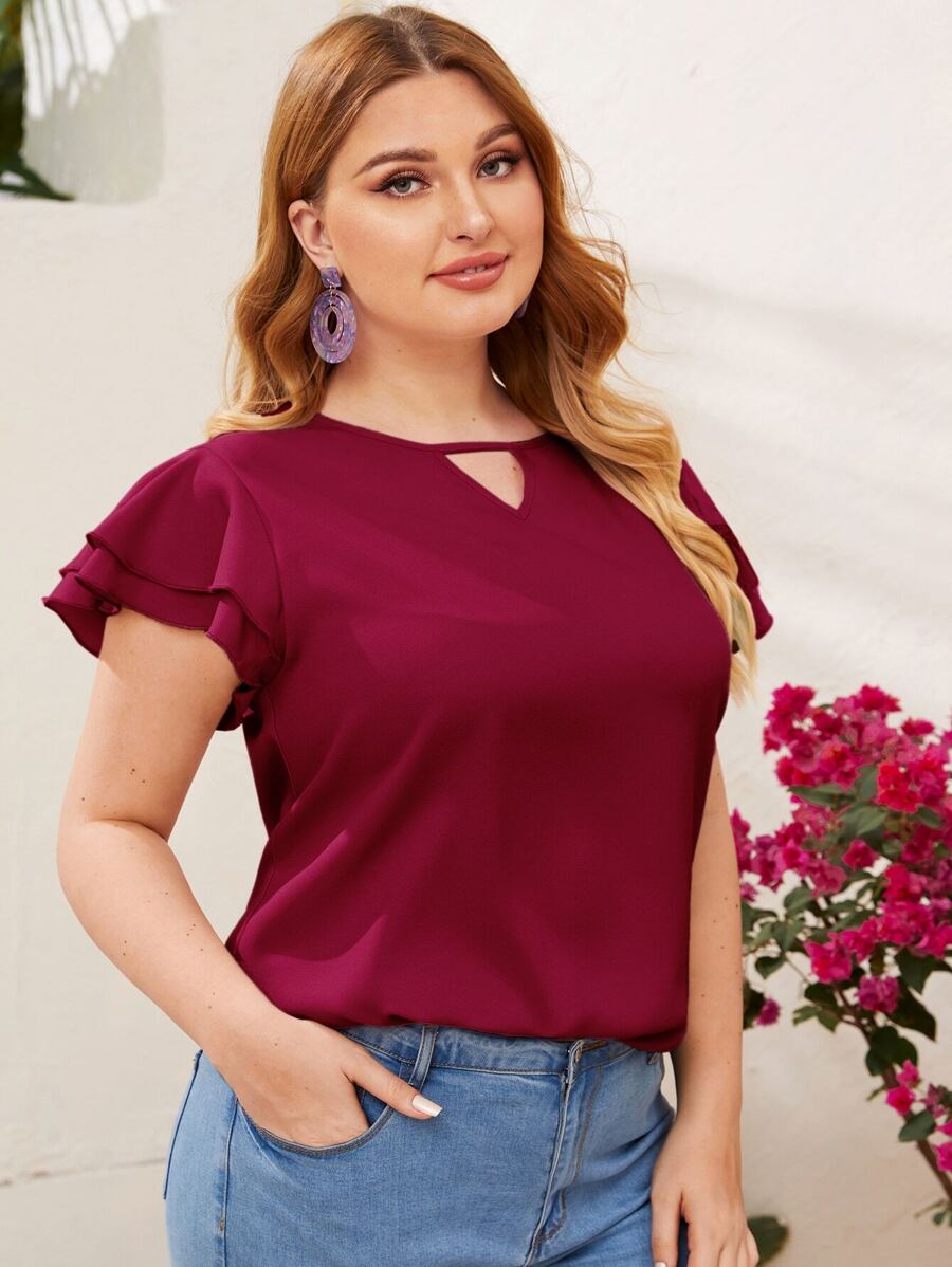 SHEIN Clasi Plus Keyhole Neck Layered Flutter Sleeve Top - Rose Red - View 1
