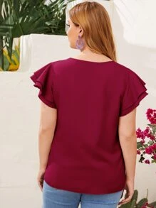 SHEIN Clasi Plus Keyhole Neck Layered Flutter Sleeve Top - Rose Red - View 2