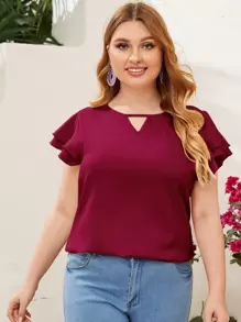 SHEIN Clasi Plus Keyhole Neck Layered Flutter Sleeve Top - Rose Red - View 3