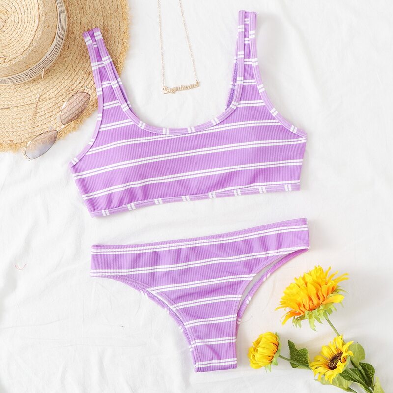 

Striped Cami Bikini Swimsuit, Lilac purple