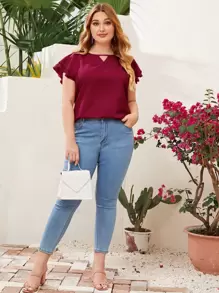 SHEIN Clasi Plus Keyhole Neck Layered Flutter Sleeve Top - Rose Red - View 5