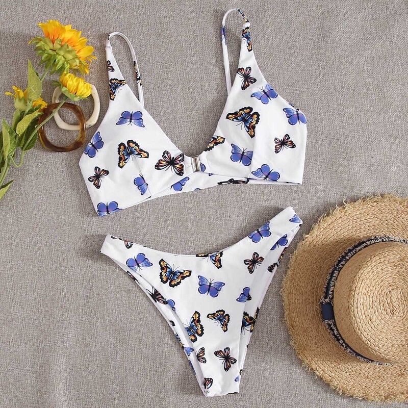 

Butterfly Print High Cut Bikini Swimsuit, Multicolor