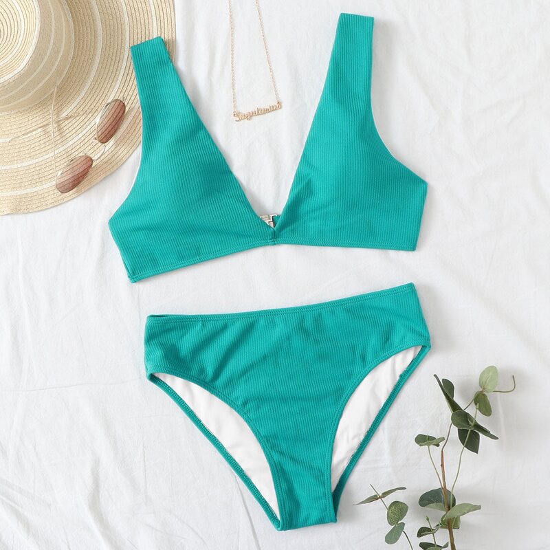 

Solid Rib V-neck Bikini Swimsuit, Bright cadet blue