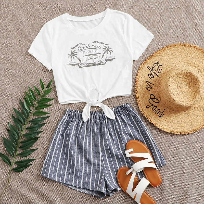 

Car Graphic Tee & Striped Shorts, Multicolor