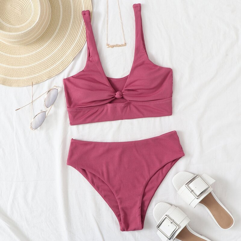 

Solid Knot Front Bikini Swimsuit, Rose red
