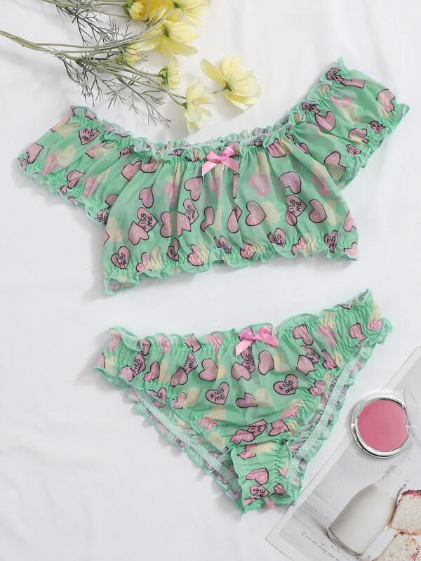 SheIn Womens Plus Size Heart Print Mesh Frill Trim Bralette and Panty Lingerie Set