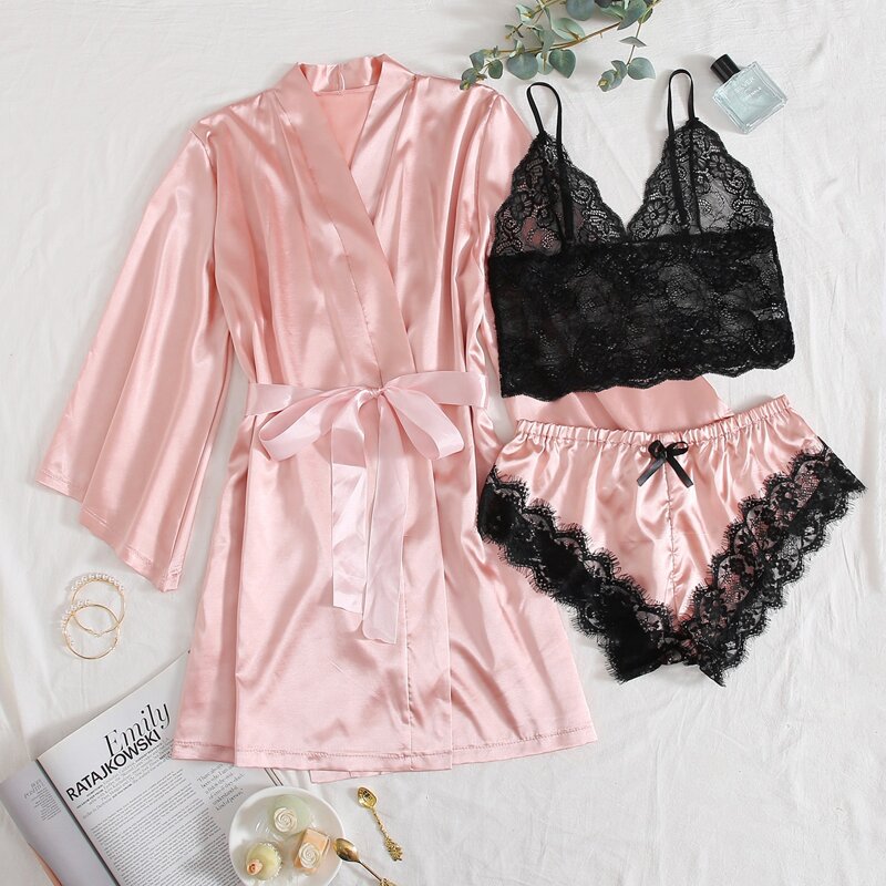 

3pack Contrast Lace Satin Lingerie Set With Belted Robe, Multicolor
