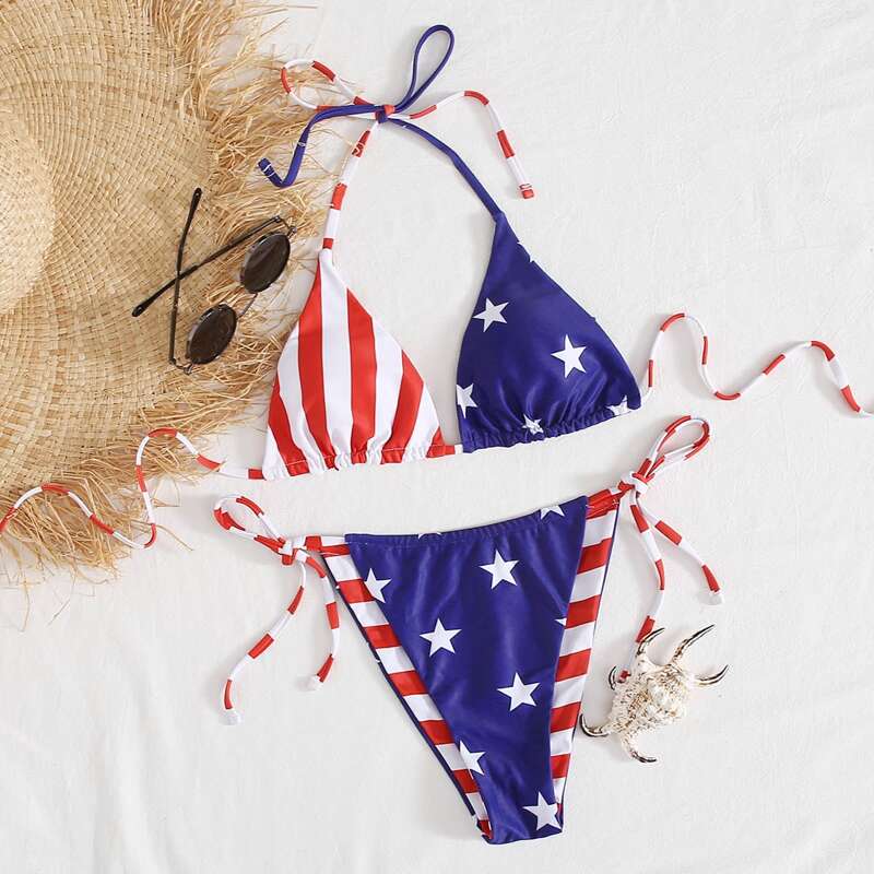 

Striped & Star Print Tie Side Bikini Swimsuit, Multicolor
