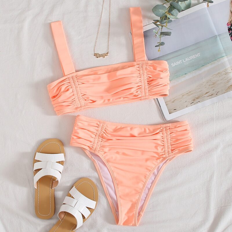 

Solid Ruched High Waist Bikini Swimsuit, Coral orange