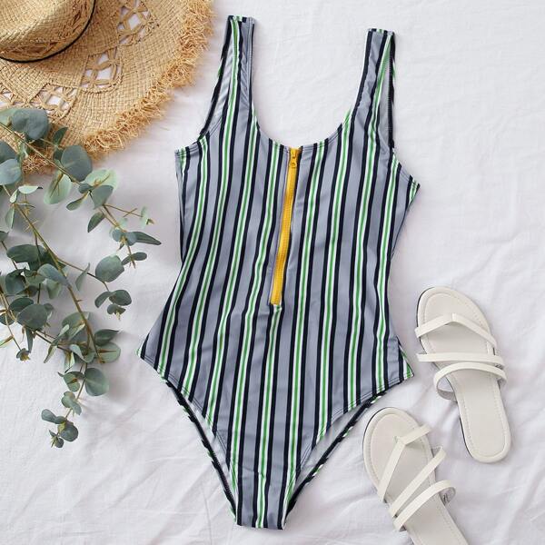 

Striped Zip Front One Piece Swimsuit, Multicolor