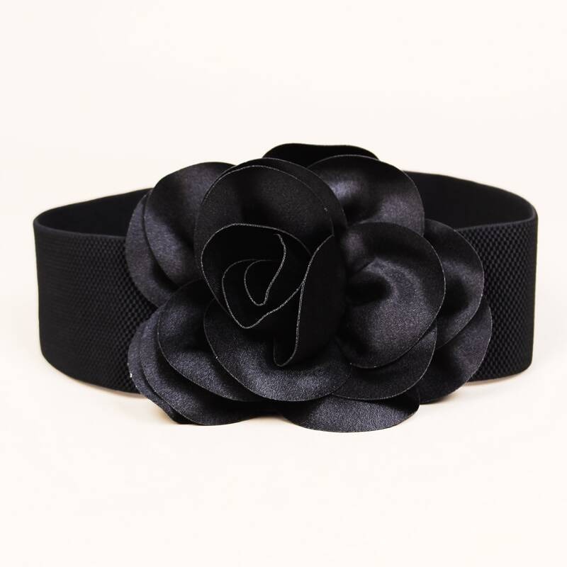 

Flower Decor Wide Belt, Black