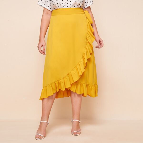 

Plus Ruffle Trim Wrap Tie Side Skirt, Bright yellow