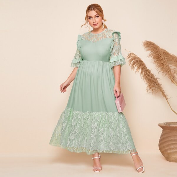 

Plus Ruffle Trim Lace Yoke and Hem Dress, Pastel lime green