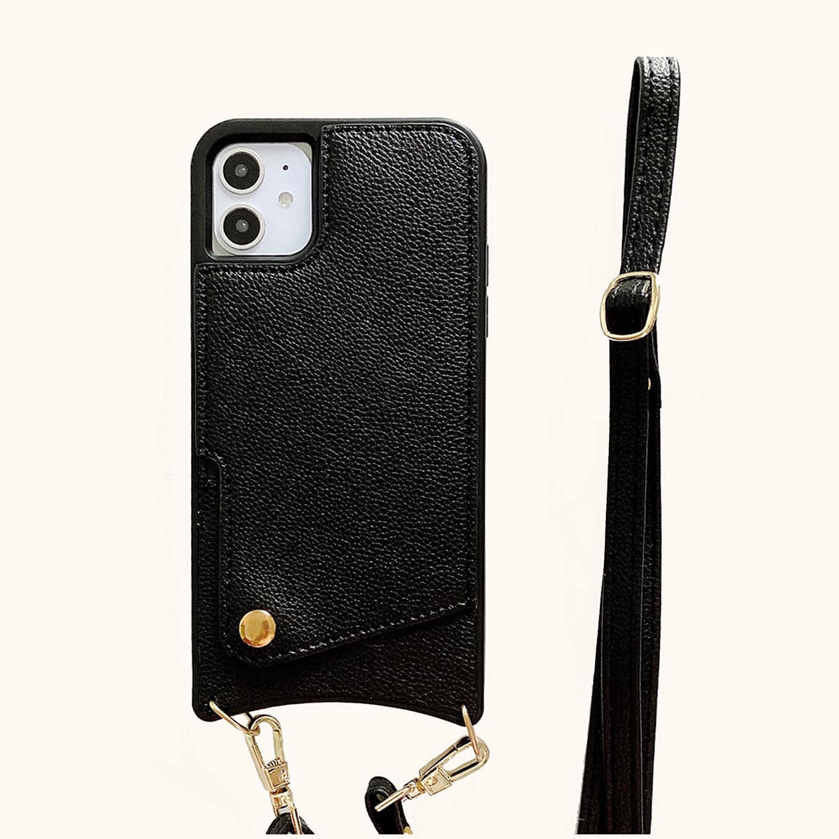 

1pc Solid iPhone Wallet Case With 1pc Lanyard, Black