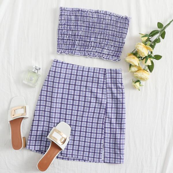 

Shirred Plaid Bandeau Top & Slit Hem Skirt Set, Violet purple