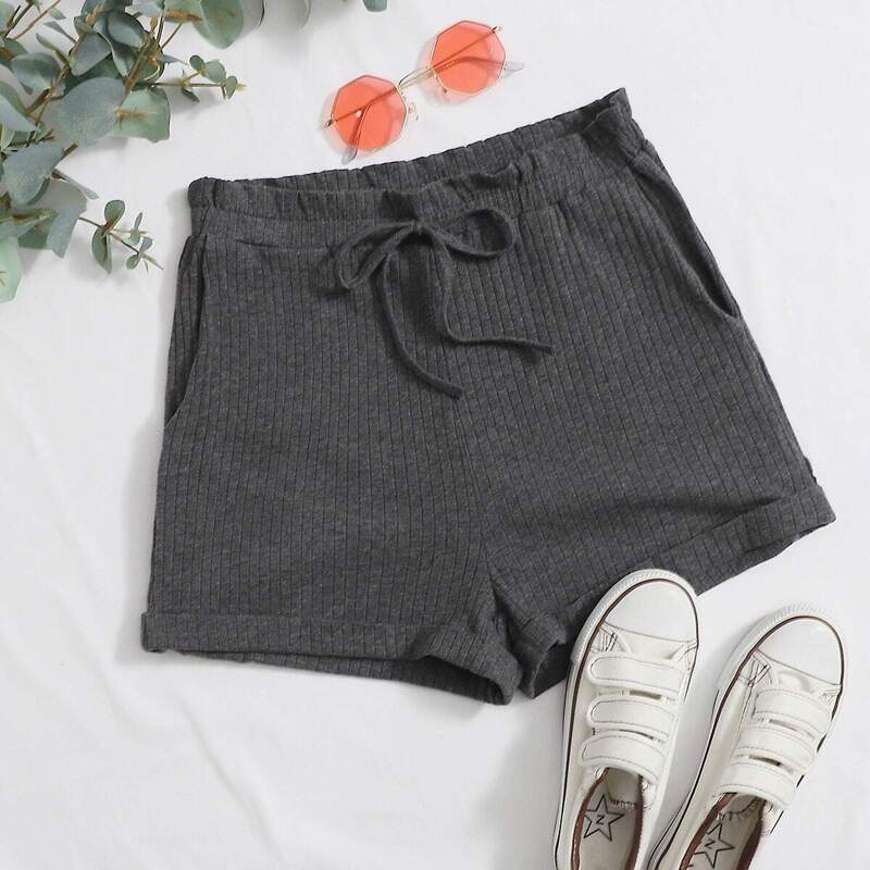 

Tie Front Frilled Waist Rib-knit Shorts, Dark grey