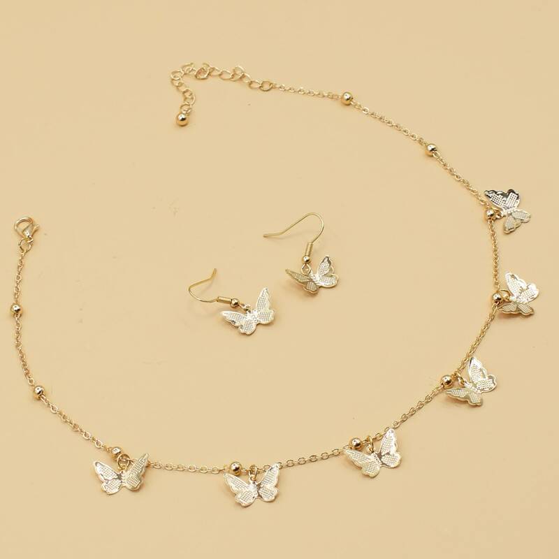 

Butterfly Charm Necklace & Drop Earrings Set, Gold