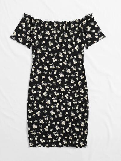 Off Shoulder Lettuce Trim Rib-knit Dress