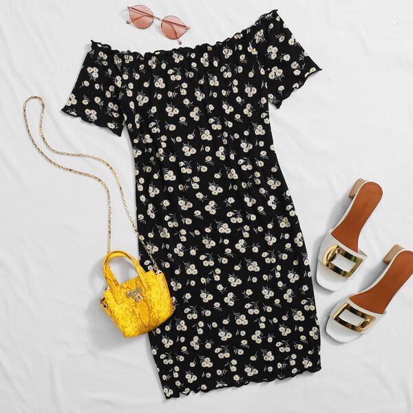 

Off Shoulder Lettuce Trim Rib-knit Dress, Black