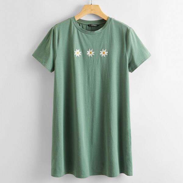 

Embroidered Daisy Graphic Mini T-Shirt Dress, Green