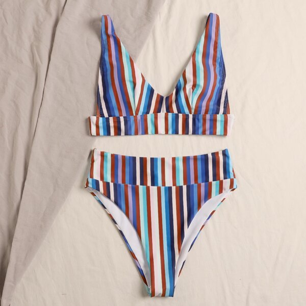 

Colorful Stripe High Waisted Bikini Swimsuit, Multicolor