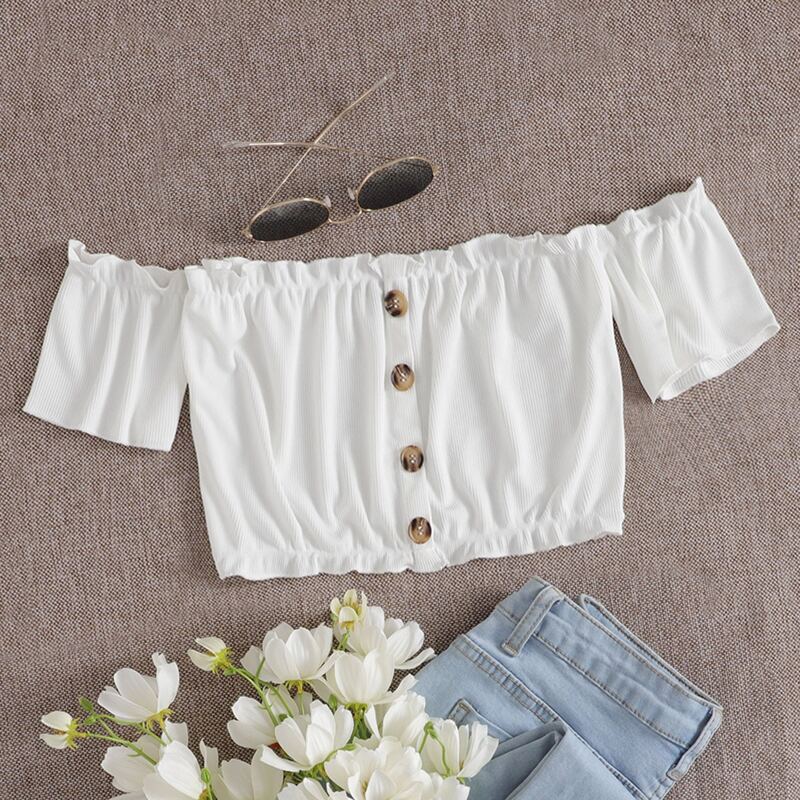 

Frill Trim Button Front Crop Top, White