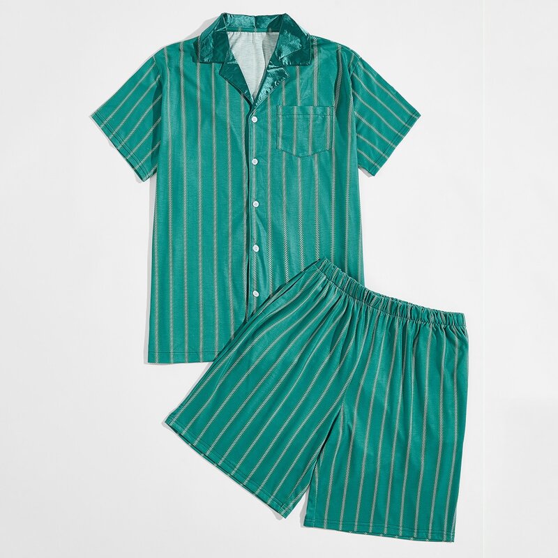 

Guys Lapel Neck Stripe PJ Set, Green