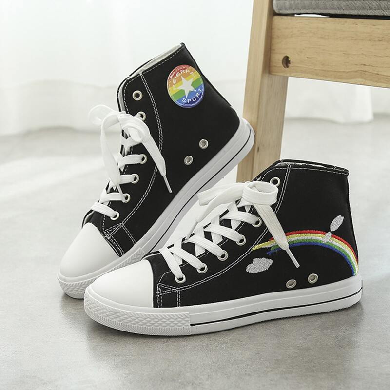 

Rainbow Lace-up High Top Canvas Sneakers, Black