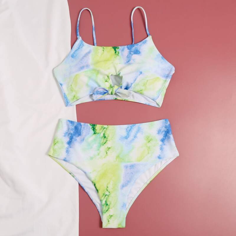 

Tie Dye Knot Hem High Waisted Bikini Swimsuit, Multicolor