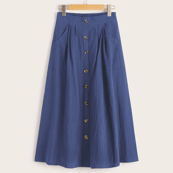 

Solid Button Front A-line Skirt, Navy blue